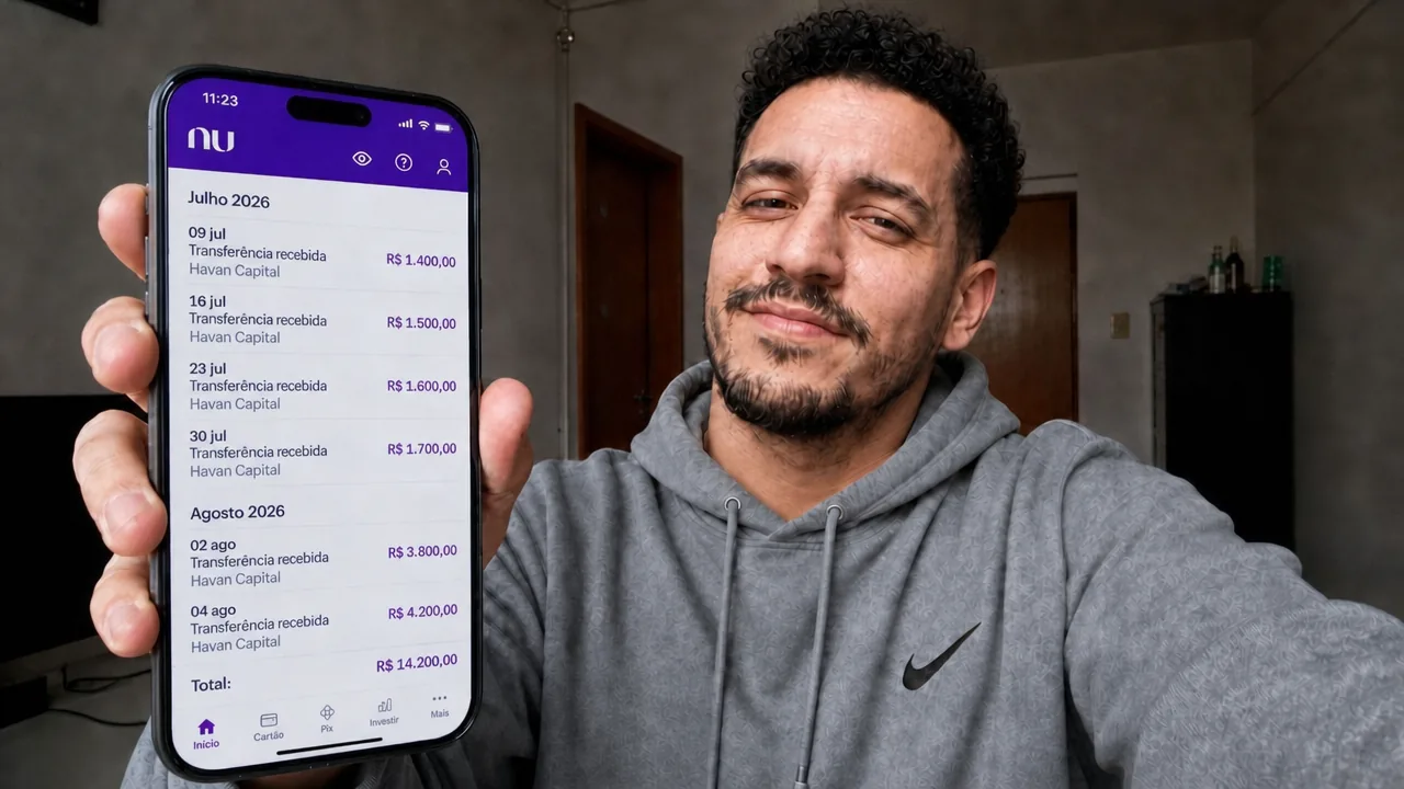 Lucas Mendes segura o celular com o aplicativo do Nubank aberto, mostrando a lista de transferências recebidas da Wealthicator
: R$ 1.400 em 9 de julho, R$ 1.500 em 16 de julho, R$ 1.600 em 23 de julho, R$ 1.700 em 30 de julho, R$ 3.800 em 2 de agosto, R$ 4.200 em 4 de agosto. Total: R$ 14.200,00.